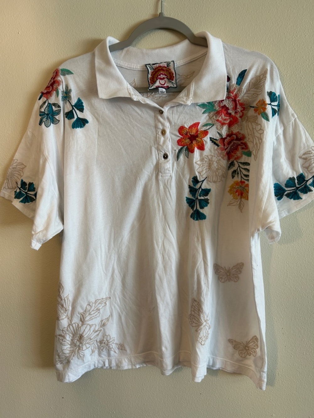 Johnny Was White Lorne Polo with Multicolor Floral Embroidery 100% cotton